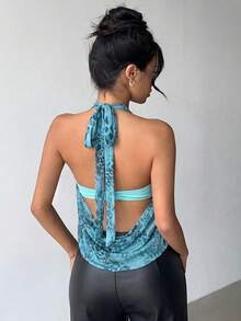 Aloruh New Leopard Print Sexy Cowl Neck Halter Modern Metal Decor Backless Tank Top - Teal Blue - View 2