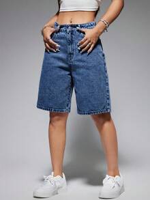 SHEIN EZwear 女款夏季休閒水洗寬鬆牛仔短褲 - 彩色 - 查看 4