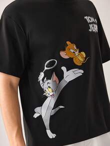Strevion TOM & JERRY 男士休闲百搭汤姆和杰瑞元素印花短袖T恤 - 黑色 - 查看 6