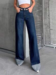 SHEIN Cottnline Women Plus Size High Waist Folded Hem Wide Leg Casual Denim Jeans Navy Blue Summer Formal Going Out - Dark Wash - View 7