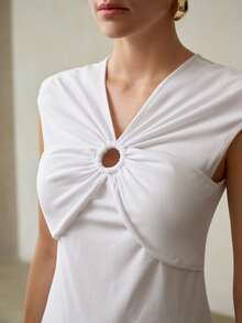 MOTF PREMIUM SPRING/SUMMER WOMEN'S WHITE ELEGANT COMMUTER RUCHED STRUCTURE RIBBED KNIT COTTON TOP - White - View 2