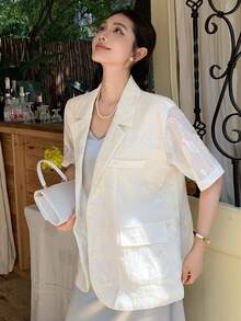 DAZY 女款翻領口袋短袖輕便西裝外套 夏季教師節辦公穿搭 象牙白法式優雅西式女裝 - 杏色 - 查看 6