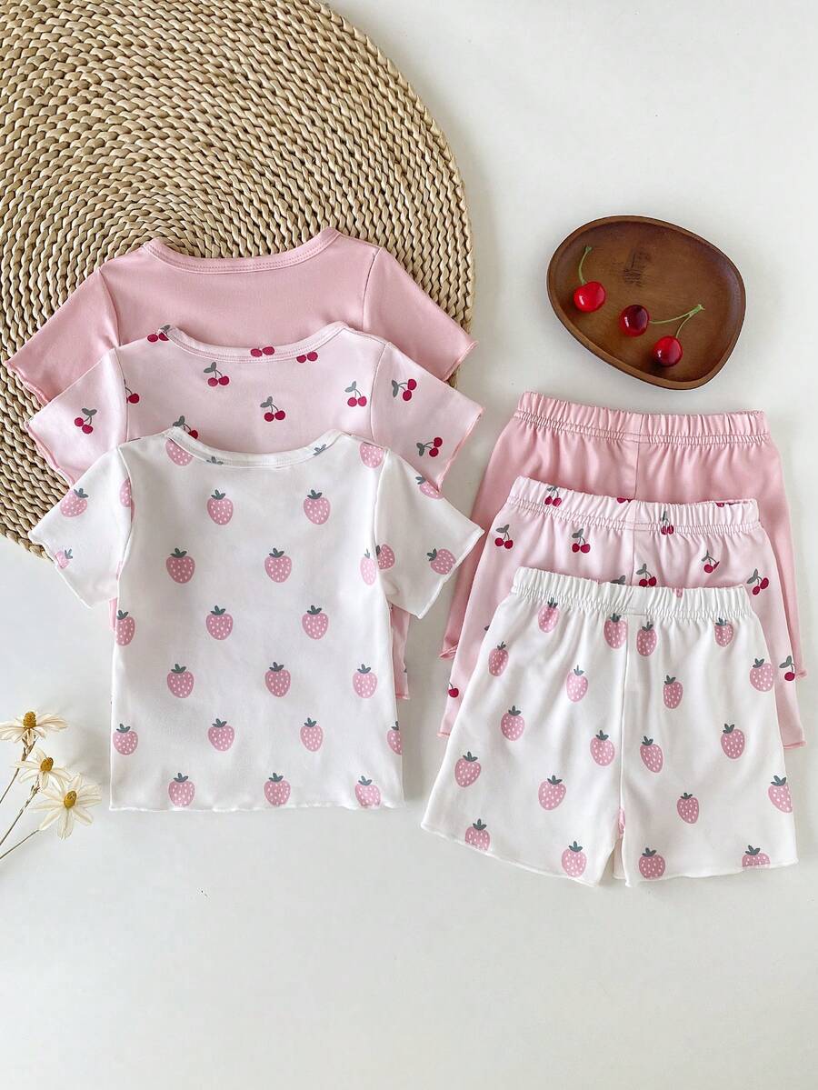 SHEIN Playful Pals 6 Peças Conjunto Casual Diário para Bebê Menina com Top de Manga Curta Gola Redonda Listrado em Damasco Branco e Rosa com Cintura Elástica, Versátil para Passeios ou Conforto em Casa, Primavera/Verão - Rosa chiclete - Visão 1