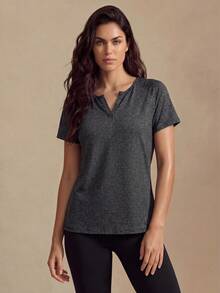 Glamine Women's Solid Color Notch V-Neck Regular Shoulder Casual Comfortable Sports Short Sleeve T-Shirt - Charcoal Grey - View 1