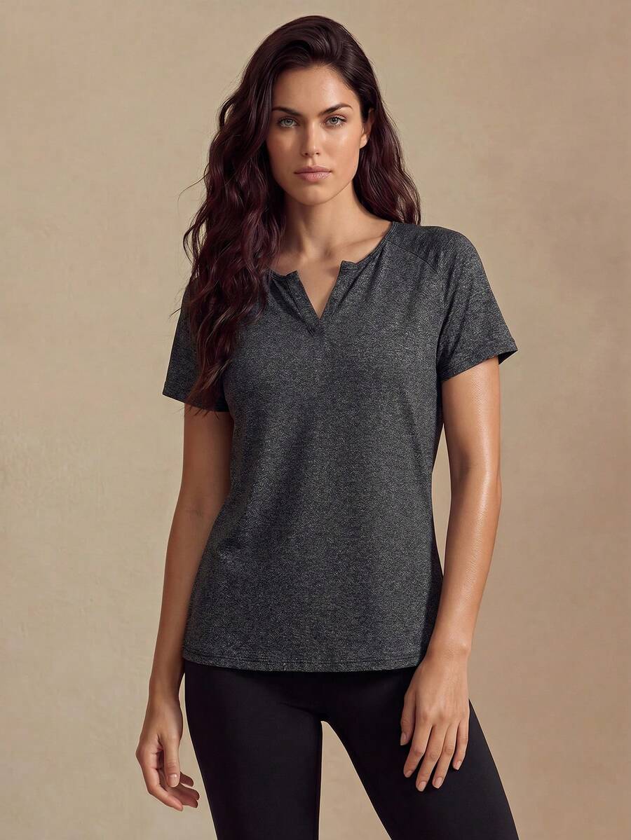 Glamine Women's Solid Color Notch V-Neck Regular Shoulder Casual Comfortable Sports Short Sleeve T-Shirt - Charcoal Grey - View 1