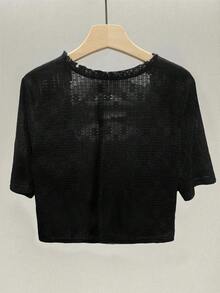 Franclia Plus Size Women's Short Lace Hollow Knit Cardigan - Black - View 2