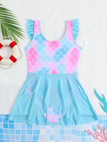 SHEIN Traje de baño de una pieza con volantes y estampado de escamas de pez para niña preadolescente, adecuado para nadar, vacaciones de verano, playa, piscina, fiesta - Multicolor - Ver 4
