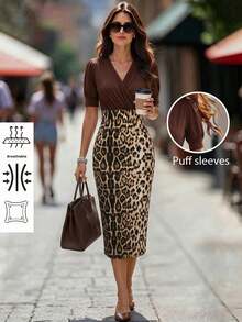 Editum Women's New Elegant V-Neck Waist Cinching Leopard Print Patchwork Bodycon Dress, Suitable For Daily Wear Office In Multiple Occasions Dark Brown - Multicolor - View 2