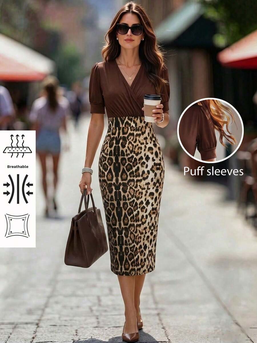 Editum Women's New Elegant V-Neck Waist Cinching Leopard Print Patchwork Bodycon Dress, Suitable For Daily Wear Office In Multiple Occasions Dark Brown