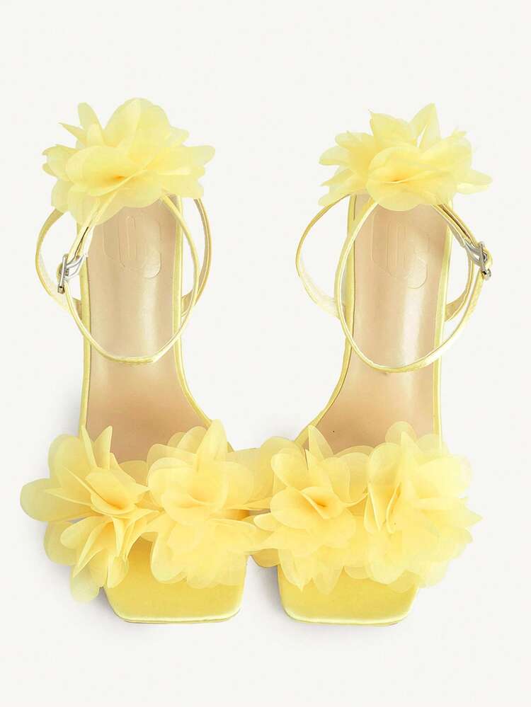 CUCCOO CHICEST Women Shoes Spring Summer Satin Mesh Three-Dimensional Flower Decor Buckle Strap Open-Toed Thick Heel Sandals, Dating Party Commuter Banquet Wedding