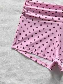 SHEIN 青少年女孩黑白條紋紋理掛脖式分體泳衣上衣，適合游泳、度假、海灘穿著，兒童泳裝套裝，夏季假期 - 粉色 - 查看 6