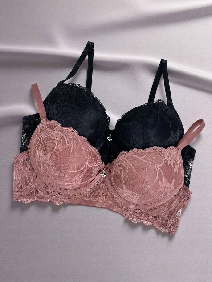 EmpressEnvy 2pcs/Set French Push-Up Bra With Underwire, Padded Thin Top Thick Bottom Lingerie - Multicolor - View 1