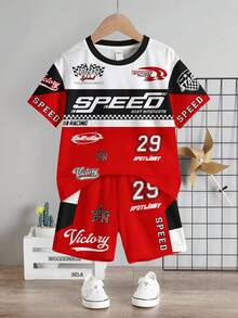 Baby Boy Casual Minimalist T-Shirt Set, Classic Cool Racing Culture Graphic Print, Suitable For Spring And Summer - Multicolor - View 2