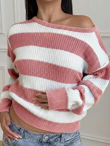 SHEIN 青少年女孩秋冬休閒居家條紋拼接方領套頭鬆垮落肩長袖針織衫 - 粉色 - 查看 3
