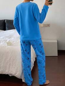 Pyjamasset i bomull för kvinnor, 2 delar, långärmad topp med kontrastfärg och slogan-text samt sovbyxor med randigt hjärtmönster, hemmakläder - Blå - Visa 2
