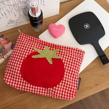 Joivida 1 cái/2 cái túi đựng mỹ phẩm họa tiết cà chua kẻ ô đỏ dễ thương, thiết kế cầm tay trái tim nữ tính dung tích lớn, túi vải đựng đồ đa năng đơn giản, túi đựng mỹ phẩm cho học sinh, nhân viên văn phòng và du lịch, chống nước - Nhiều màu - Xem 7