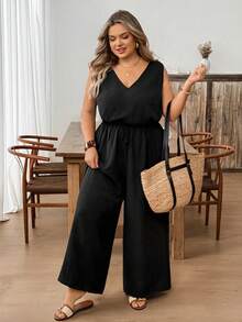 SHEIN CURVE+ 大码女式纯色露背系带宽松阔腿无袖连体裤 黑色夏季休闲黑色凉爽面料连体裤 - 黑色 - 查看 1
