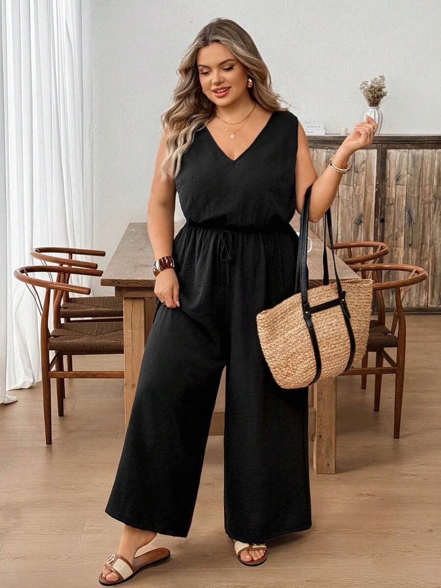 SHEIN CURVE+ 大码女式纯色露背系带宽松阔腿无袖连体裤 黑色夏季休闲黑色凉爽面料连体裤 - 黑色 - 查看 1