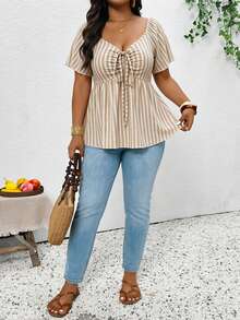 SHEIN Frenchy Plus Size Women V-Neck Short Waist Textured Brown Long Sleeve T-Shirt, Casual Versatile Tee, Ruffle Sleeve Cinching Waist Front Tie Design, Elegant Top, Commute Business Top, Brown Top Brown Top Lace - Apricot - View 7