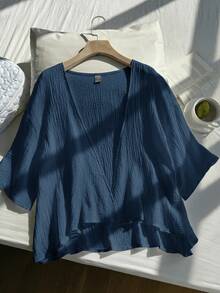 Comfortcana Plus Size Lightweight Short White Jacket , Summer Cotton Comfortable Cardigan In Fall/Winter - Dusty Blue - View 6