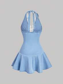 Sweetra Vestido de mezclilla con cuello halter, espalda descubierta y ribete de encaje - Azul - Ver 5