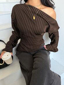 Siren Gaze Women's Striped Asymmetrical Shoulder Casual Versatile Daily Outing Top - Brown - View 3
