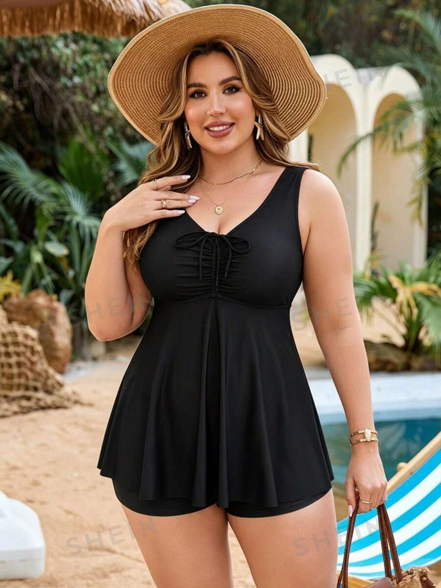 SHEIN Swim Plus Size Women 2pcs Random Print Tank Top & Bottom Set, Drawstring Front, Tummy Control, Slimming, Minimalist Vacation Beach Swimwear