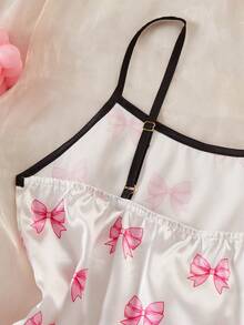 Girls Pajamas, White With Pink Bow Pattern Print, Comfortable Soft Satin Fabric Camisole Top And Shorts, 2 Pieces Loungewear Set - Multicolor - View 8