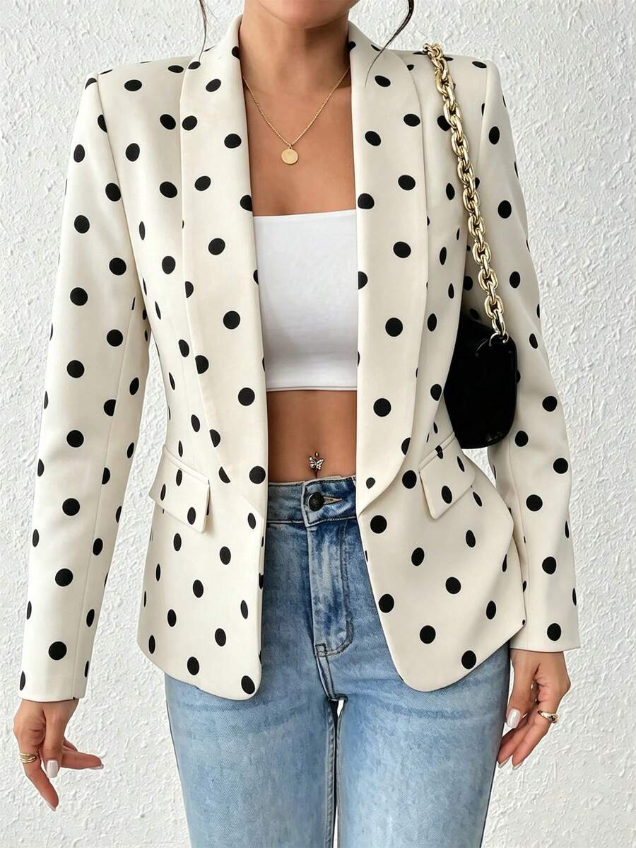 SHEIN PETITE Women's Polka Dot Casual Versatile Commute Travel Long Sleeve Blazer Jacket - Apricot - View 1