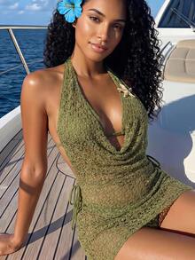 Bellisia Nuevo Conjunto de Bikini de 3 Piezas Primavera Verano Verde Mostaza con Cuello Drapeado, Tela Texturizada Semitransparente, Estilo de Influencer de Moda, Ropa de Playa para Vacaciones de Playa para Mujer - Verde - Ver 3