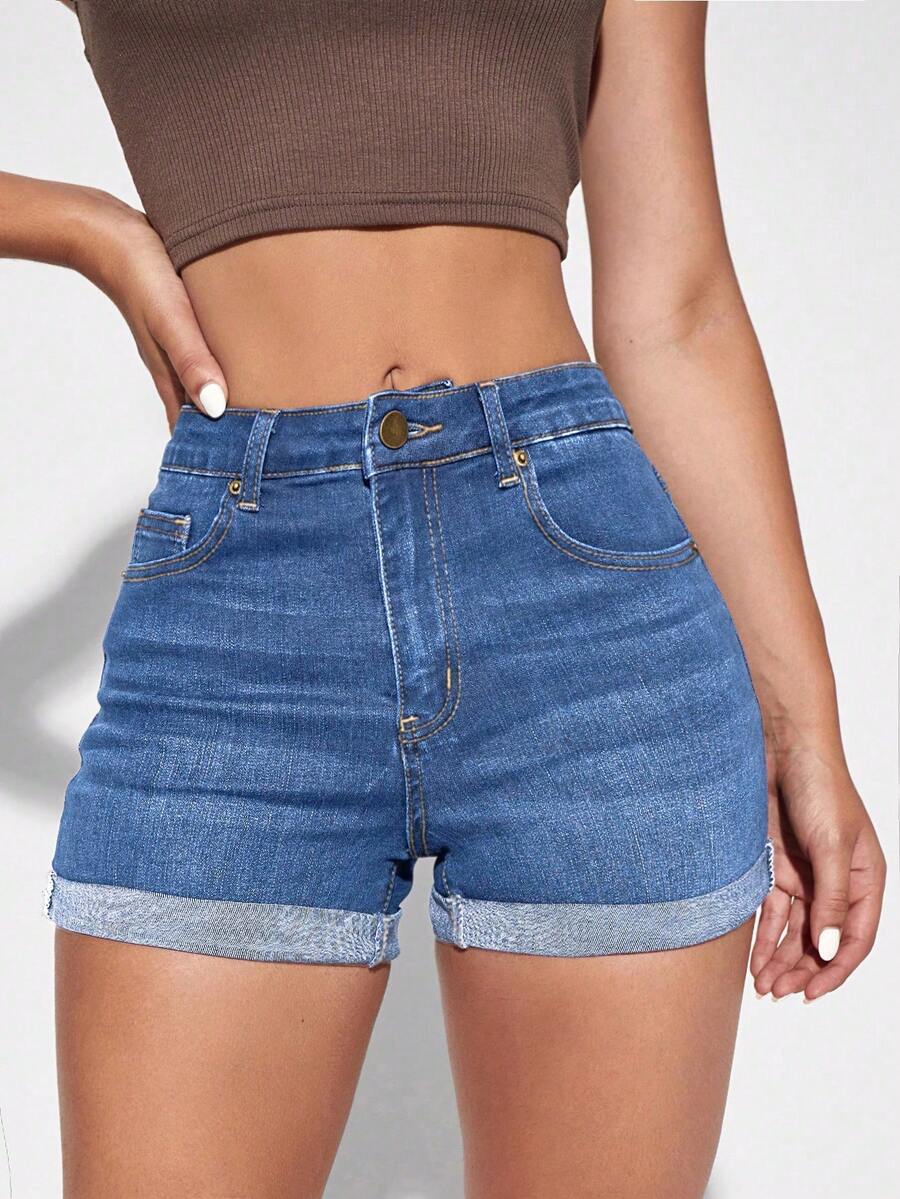 SHEIN Essnce 女款口袋捲邊休閒百搭牛仔短褲 - 藍色 - 查看 1