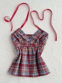 SHEIN EZwear 美式辣妹風復古紅格紋同色織帶條紋面飾夏季修身顯瘦俏皮時尚極簡性感女款背心上衣 - 彩色 - 查看 4