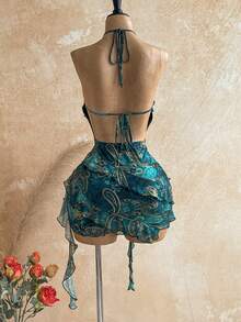 Soleia Vestido mini de mujer para vacaciones con estampado de anacardo, volantes multicapa y cuello halter - Multicolor - Ver 2