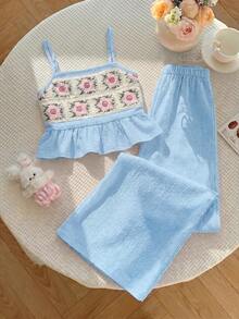 Emery Rose Kids Emery Rose Kids 少女花卉刺繡細肩帶背心上衣與長褲套裝 - 藍色 - 查看 3