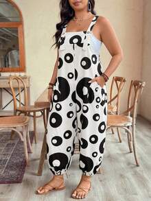 SHEIN LUNE CURVE 大尺碼女款春夏優雅時尚通勤條紋口袋抽繩肩帶連身褲 - 黑與白 - 查看 4