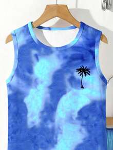 Tween Boy Casual Simple Fashion Versatile Tie-Dye Vacation Style Beach Leisure Sporty Loose Soft Comfortable Tank Top & Shorts 2pcs Set Suitable For Spring And Summer - White - View 4