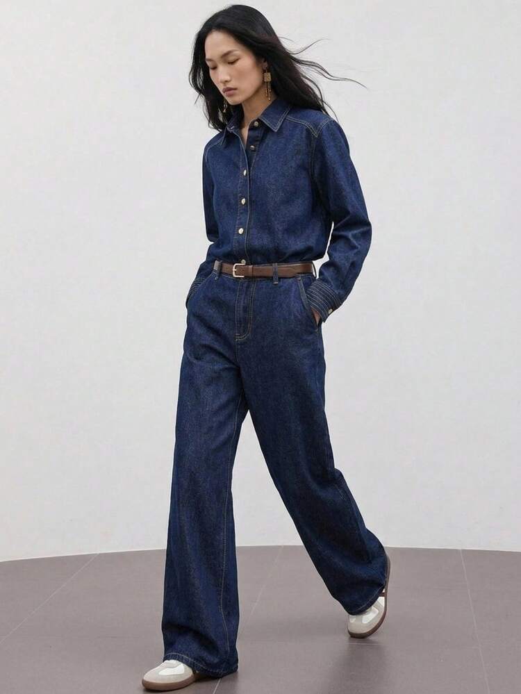Women's Navy Blue Autumn Casual Denim Suit,Loose Vintage Washed Denim Top & Straight Leg Pants Two Pieces Set For Occasion,Contrast Stitching Splice