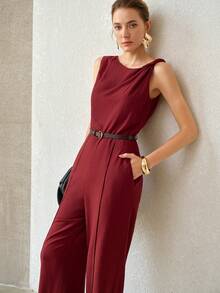 MOTF PREMIUM WOMEN'S AUTUMN LINEN BLEND STRUCTURED DESIGN LONG JUMPSUIT WITH BELT OFFICE DINNER BURGUNDY ELEGANT - Red - View 7