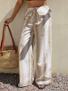 DAZY Women's Folded Waist White Loose Wide Leg Long Pants Beach Autumn Boho Casual Vacation - Khaki - View 3
