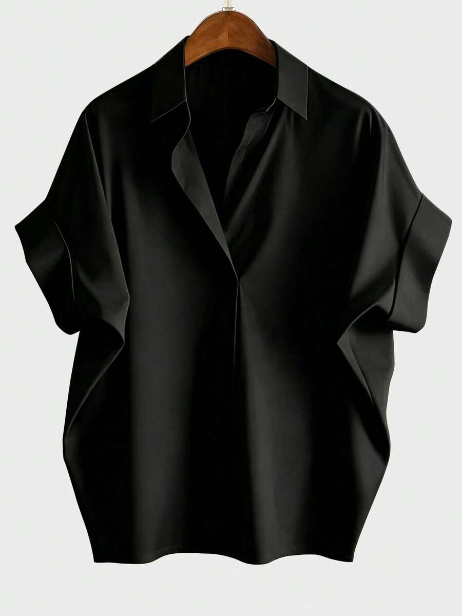 EMERY ROSE Plus Size Solid Color Short Sleeve Summer Minimalist Design Casual Versatile Vacation Shirt - Black - View 1