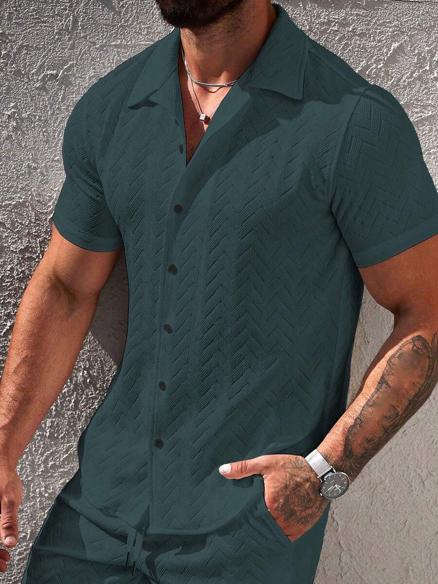 Manfinity Homme Men's Textured Single-Breasted Casual Versatile Short Sleeve Shirt - Cadet Blue - View 1