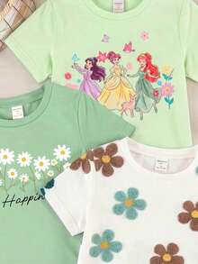 SHEIN 3套女童花卉、公主、字母與雛菊圖案休閒百搭圓領短袖T恤+內搭褲套裝，適合日常穿著、度假，舒適自在，休閒風格，花卉圖案服飾，適合女童輕鬆休閒穿搭 - 彩色 - 查看 4