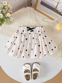 SHEIN Elladie kids 2026新款女童黑白波點苞裙，甜美蝴蝶結設計高腰A字裙，清新俏皮百搭小女孩裙 - 黑與白 - 查看 3