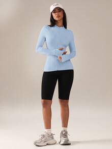 SHEIN BAE جاكيت رياضية طويلة الأكمام للنساء ذات لون أحادي، سحاب، متعددة الاستخدامات، للارتداء اليومي - أزرق فاتح اللون - مشاهدة 6