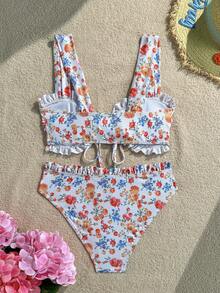 Swim Vcay Girls Sweet 2pcs Floral Random Print Wide Strap Chest Tie Triangle Bikini Swimsuit Set - Multicolor - View 3