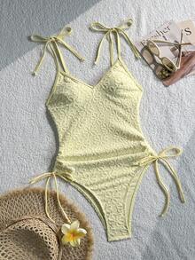 Swim Mod-D 女款春夏季緹花面料細肩帶綁帶式一件式泳衣 - 黃色 - 查看 2