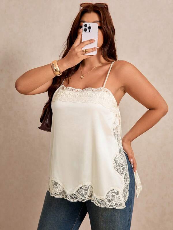 Elaquor Plus Size Women's Lace Patchwork Split Design Casual Versatile Daily Outing Camisole Top