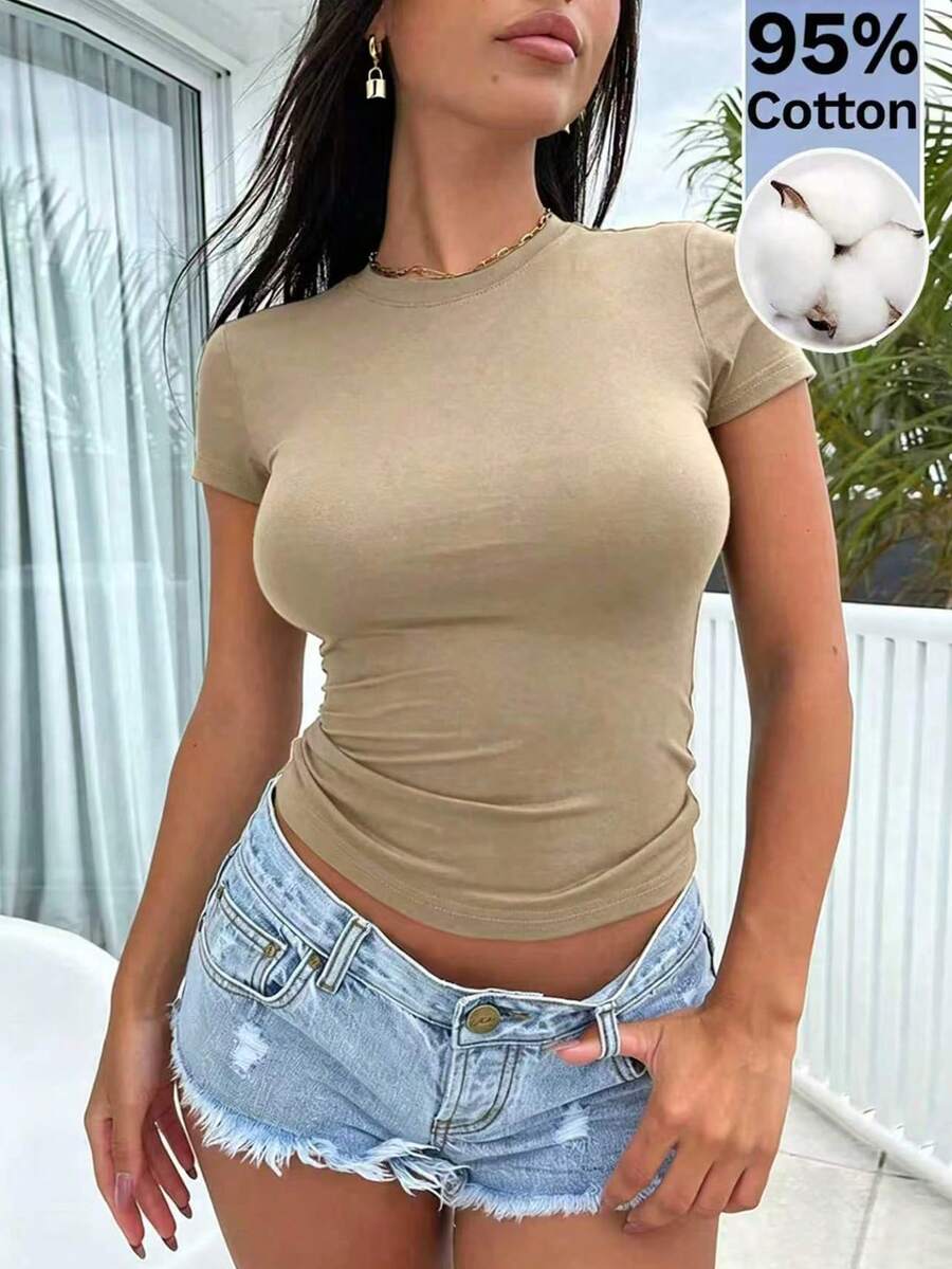 INAWLY Solva 女款休閒優雅舒適純棉T恤 - 卡其色 - 查看 1