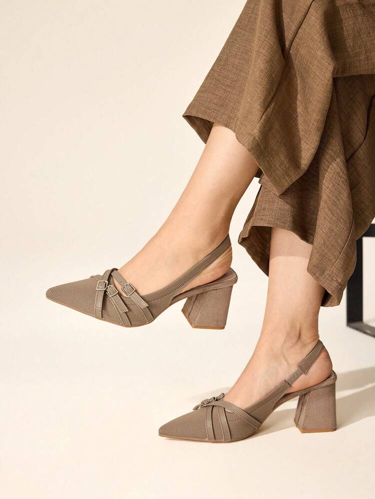 CUCCOO BASICS Women Shoes Pointed Thick High Heel Dark Apricot Knitted Multi-Strip Buckle Comfortable And Breathable Daily Versatile Commuting Go Out Essential Women High Heel Shoes Slingback Shoes Women Shoes