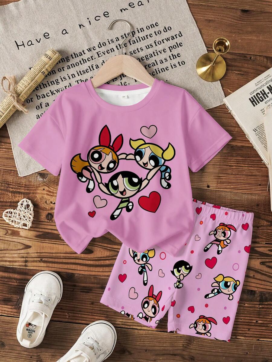 THE POWERPUFF GIRLS X SHEIN Young Girl Cartoon Print Round Neck Short Sleeve T-Shirt And Shorts Set - White - View 1